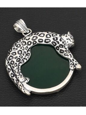 New! 925 Sterling Silver Overlay Leopard Pendant Necklace Dark Green Emerald